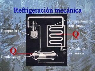 Refrigeración mecánica Compartimiento refrigerado Válvula de expansión Compresor Condensador Q Q 