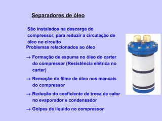 Separadores de óleo
Problemas relacionados ao óleo
→ Formação de espuma no óleo do carter
do compressor (Resistência elétrica no
carter)
→ Remoção do filme de óleo nos mancais
do compressor
→ Redução do coeficiente de troca de calor
no evaporador e condensador
→ Golpes de líquido no compressor
São instalados na descarga do
compressor, para reduzir a circulação de
óleo no circuito
 