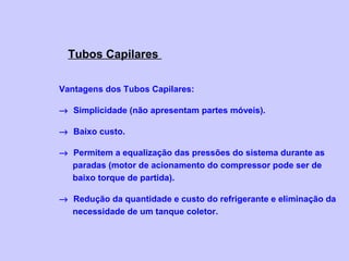 Tubos Capilares
Vantagens dos Tubos Capilares:
→ Simplicidade (não apresentam partes móveis).
→ Baixo custo.
→ Permitem a equalização das pressões do sistema durante as
paradas (motor de acionamento do compressor pode ser de
baixo torque de partida).
→ Redução da quantidade e custo do refrigerante e eliminação da
necessidade de um tanque coletor.
 