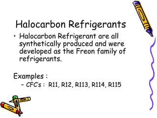 Halocarbon Refrigerants
• Halocarbon Refrigerant are all
synthetically produced and were
developed as the Freon family of
refrigerants.
Examples :
– CFC’s : R11, R12, R113, R114, R115
 