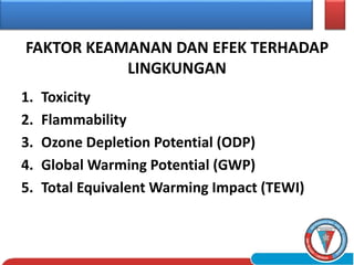 FAKTOR KEAMANAN DAN EFEK TERHADAP
LINGKUNGAN
1. Toxicity
2. Flammability
3. Ozone Depletion Potential (ODP)
4. Global Warming Potential (GWP)
5. Total Equivalent Warming Impact (TEWI)
 