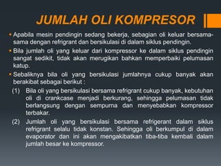 JUMLAH OLI KOMPRESOR
 Apabila mesin pendingin sedang bekerja, sebagian oli keluar bersama-
sama dengan refrigrant dan bersikulasi di dalam siklus pendingin.
 Bila jumlah oli yang keluar dari kompressor ke dalam siklus pendingin
sangat sedikit, tidak akan merugikan bahkan memperbaiki pelumasan
katup.
 Sebaliknya bila oli yang bersikulasi jumlahnya cukup banyak akan
berakibat sebagai berikut :
(1) Bila oli yang bersikulasi bersama refrigrant cukup banyak, kebutuhan
oli di crankcase menjadi berkurang, sehingga pelumasan tidak
berlangsung dengan sempurna dan menyebabkan kompressor
terbakar.
(2) Jumlah oli yang bersikulasi bersama refrigerant dalam siklus
refrigrant selalu tidak konstan. Sehingga oli berkumpul di dalam
evaporator dan ini akan mengakibatkan tiba-tiba kembali dalam
jumlah besar ke kompressor.
 