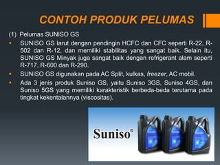 CONTOH PRODUK PELUMAS
(1) Pelumas SUNISO GS
 SUNISO GS larut dengan pendingin HCFC dan CFC seperti R-22, R-
502 dan R-12, dan memiliki stabilitas yang sangat baik. Selain itu,
SUNISO GS Minyak juga sangat baik dengan refrigerant alam seperti
R-717, R-600 dan R-290.
 SUNISO GS digunakan pada AC Split, kulkas, freezer, AC mobil.
 Ada 3 jenis produk Suniso GS, yaitu Suniso 3GS, Suniso 4GS, dan
Suniso 5GS yang memiliki karakteristik berbeda-beda terutama pada
tingkat kekentalannya (viscositas).
 