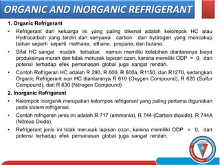 1. Organic Refrigerant
• Refrigerant dari keluarga ini yang paling dikenal adalah kelompok HC atau
Hydrocarbon yang terdiri dari senyawa carbon dan hydrogen yang mencakup
bahan seperti seperti methane, ethane, propane, dan butane.
• Sifat HC sangat mudah terbakar, namun memiliki kelebihan diantaranya biaya
produksinya murah dan tidak merusak lapisan ozon, karena memiliki ODP = 0, dan
potensi terhadap efek pemanasan global juga sangat rendah.
• Contoh Refrigeran HC adalah R 290, R 600, R 600a, R1150, dan R1270, sedangkan
Organic Refrigerant non HC diantaranya R 610 (Oxygen Compound), R 620 (Sulfur
Compound), dan R 630 (Nitrogen Compound)
2. Inorganic Refrigerant
• Kelompok inorganik merupakan kelompok refrigerant yang paling pertama digunakan
pada sistem refrigerasi.
• Contoh refrigeran jenis ini adalah R 717 (ammonia), R 744 (Carbon dioxide), R 744A
(Nitrous Oxide).
• Refrigerant jenis ini tidak merusak lapisan ozon, karena memiliki ODP = 0, dan
potensi terhadap efek pemanasan global juga sangat rendah.
ORGANIC AND INORGANIC REFRIGERANT
 