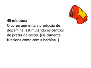 45 minutos:
O corpo aumenta a produção de
dopamina, estimulando os centros
de prazer do corpo. (Fisicamente,
funciona como com a heroína..)
 