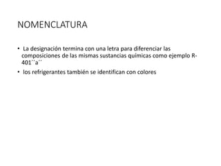 NOMENCLATURA
• La designación termina con una letra para diferenciar las
composiciones de las mismas sustancias químicas como ejemplo R-
401´´a´´
• los refrigerantes también se identifican con colores
 