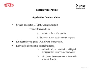 Refrigerant Piping
Application Considerations
• System design for MINIMUM pressure drop.
Pressure loss results in:
a. decrease in thermal capacity
b. increase power requirements (see page 8)
• Refrigerant being piped DOES NOT change state.
• Lubricants are miscible with refrigerants.
• minimize the accumulation of liquid
refrigerant in compressor crankcase
• oil returns to compressor at same rate
which it leaves
Suva
refrigerants
®
Section 1 page .. 5
 