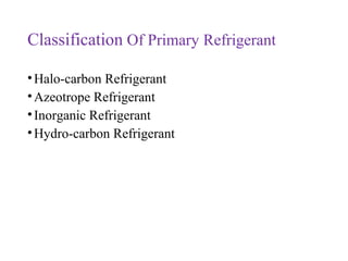 Classification Of Primary Refrigerant
•Halo-carbon Refrigerant
•Azeotrope Refrigerant
•Inorganic Refrigerant
•Hydro-carbon Refrigerant
 