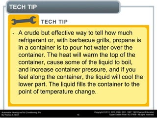 Automotive Heating and Air Conditioning, 6/e
By Thomas S. Birch
Copyright © 2012, 2010, 2006, 2001, 1997, 1991 Pearson Education
Upper Saddle River, NJ 07458 • All rights reserved.15
TECH TIP
• A crude but effective way to tell how much
refrigerant or, with barbecue grills, propane is
in a container is to pour hot water over the
container. The heat will warm the top of the
container, cause some of the liquid to boil,
and increase container pressure, and if you
feel along the container, the liquid will cool the
lower part. The liquid fills the container to the
point of temperature change.
 