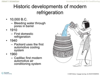 Historic developments of modern
refrigeration
• 10,000 B.C.
– Bleeding water through
pores in barrel
• 1910
– First domestic
refrigeration
• 1940
– Packard uses the first
automotive cooling
system
• 1960
– Cadillac first modern
automotive air
conditioning system
 