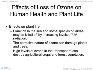 Effects of Loss of Ozone on
Human Health and Plant Life
• Effects on plant life
– Plankton in the sea and some species of larvae
may be killed off by increasing levels of UV
radiation.
– The corrosive nature of ozone can damage plants
and trees.
– High levels of ozone in the troposphere can
destroy agricultural crops and forest vegetation.
 