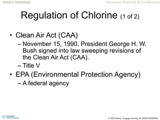 Regulation of Chlorine (1 of 2)
• Clean Air Act (CAA)
– November 15, 1990, President George H. W.
Bush signed into law sweeping revisions of
the Clean Air Act (CAA).
– Title V
• EPA (Environmental Protection Agency)
– A federal agency
 