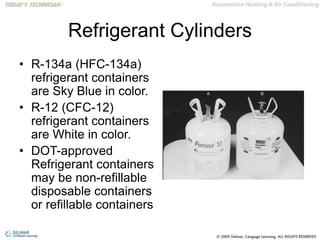 Refrigerant Cylinders
• R-134a (HFC-134a)
refrigerant containers
are Sky Blue in color.
• R-12 (CFC-12)
refrigerant containers
are White in color.
• DOT-approved
Refrigerant containers
may be non-refillable
disposable containers
or refillable containers
 