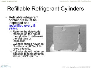 Refillable Refrigerant Cylinders
• Refillable refrigerant
containers must be
inspected and
recertified every 5
years.
– Refer to the date code
stamped on the rim of
the cylinder to determine
the last date of
inspection.
– Cylinder should never be
filled beyond 80% of its
rated capacity.
– Cylinder should never be
exposed to temperatures
above 125°F (52°C)
 