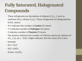 Fully Saturated, Halogenated
Compounds
• These refrigerants are derivatives of alkanes (CnH2n+2) such as
methane (CH4), ethane (C2H6). These refrigerants are designated by
R XYZ, where:
• X+1 indicates the number of Carbon (C) atoms
• Y-1 indicates number of Hydrogen (H) atoms
• Z indicates number of Fluorine (F) atoms
• The balance indicates the number of Chlorine atoms (ex. balance of
CH4, C2H6 etc.) . Only 2 digits indicates that the value of X is zero.
• Example
• R11- CCl3F
• R22- CHClF2
• R134a- CH2FCF3
 