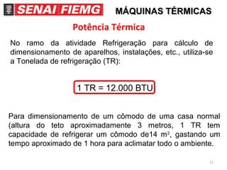 12
Potência Térmica
MÁQUINAS TÉRMICASMÁQUINAS TÉRMICAS
No ramo da atividade Refrigeração para cálculo de
dimensionamento de aparelhos, instalações, etc., utiliza-se
a Tonelada de refrigeração (TR):
1 TR = 12.000 BTU
Para dimensionamento de um cômodo de uma casa normal
(altura do teto aproximadamente 3 metros, 1 TR tem
capacidade de refrigerar um cômodo de14 m2
, gastando um
tempo aproximado de 1 hora para aclimatar todo o ambiente.
 