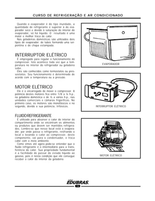 CURSO DE REFRIGERAÇÃO E AR CONDICIONADOCURSO DE REFRIGERAÇÃO E AR CONDICIONADOCURSO DE REFRIGERAÇÃO E AR CONDICIONADOCURSO DE REFRIGERAÇÃO E AR CONDICIONADOCURSO DE REFRIGERAÇÃO E AR CONDICIONADO
16
EVAPORADOR
INTERRUPTOR ELÉTRICO
MOTOR ELÉTRICO
Quando o evaporador é do tipo inundado, a
quantidade de refrigerante é superior à do eva-
porador seco e devido à saturação do interior do
evaporador, só há líquido. O resultado é uma
maior e melhor troca de calor.
Nas geladeiras domésticas são utilizados dois
tipos de evaporador: de tubos formando uma ser-
pentina e de chapa estampada.
INTERRUPTOR ELÉTRICO
É empregado para regular o funcionamento do
compressor. Isto acontece toda vez que a tem-
peratura no interior do refrigerador ou geladeira
sobe.
Eles são conhecidos como termostatos ou pres-
sostatos. Seu funcionamento é determinado de
acordo com a temperatura ou a pressão.
MOTOR ELÉTRICO
Ele é o encarregado de mover o compressor. A
potência destes motores fica entre 1/8 a ¼ h.p.,
na geladeira doméstica e de ½ a vários h.p., nas
unidades comerciais e câmaras frigoríficas. No
primeiro caso, os motores são monofásicos e no
segundo, devido a sua potência, trifásicos.
FLUIDOREFRIGERANTE
É utilizado para absorver o calor do interior do
compartimento onde se encontram os alimentos
ou produtos que devem ser mantidos refrigera-
dos. Lembre-se que nesse local está o evapora-
dor, por onde passa o refrigerante, resfriando o
local e levando o calor ao compressor, deste
componente, vai para o condensador, e troca
calor com o meio ambiente.
Como vimos até agora pode-se entender que o
fluido refrigerante é o intermediário para a trans-
ferência do calor. Sua propriedade fundamental
é a facilidade de passar do estado líquido ao
gasoso, pois é nesta condição que ele consegue
receber o calor do interior da geladeira.
 