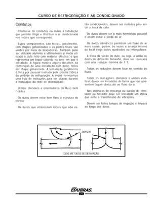 CURSO DE REFRIGERAÇÃO E AR CONDICIONADOCURSO DE REFRIGERAÇÃO E AR CONDICIONADOCURSO DE REFRIGERAÇÃO E AR CONDICIONADOCURSO DE REFRIGERAÇÃO E AR CONDICIONADOCURSO DE REFRIGERAÇÃO E AR CONDICIONADO
25
Condutos
Chama-se de condutos ou dutos à tubulação
que permite dirigir e distribuir o ar condicionado
nos locais que corresponde.
Estes componentes são feitos, geralmente,
com chapas galvanizadas e as partes finais são
unidas por meio de braçadeiras. Também pode
ser utilizado alumínio e ultimamente é muito uti-
lizado o duto feito com material plástico, o que
representa um toque colorido na área em que é
instalado. A figura mostra alguns detalhes da
construção de uma instalação com dutos feitos
em chapa galvanizada. A instalação geralmente
é feita por pessoal treinado pela própria fábrica
da unidade de refrigeração. A seguir fornecemos
uma lista de instruções para ser usadas durante
a instalação da rede de distribuição:
Utilizar divisores e orientadores do fluxo bem
fixados
Os dutos devem estar bem fixos à estrutura do
prédio
Os dutos que atravessam locais que não es-
DOIS METODOS DE DERIVAÇÃO
tão condicionados, devem ser isolados para evi-
tar a troca de calor.
Os dutos devem ser o mais herméticos possível
e assim evitar a perda de ar.
Os dutos cilíndricos permitem um fluxo de ar
mais suave, porém, às vezes o arranjo interno
do local exige dutos quadrados ou retangulares.
A troca da seção do duto, ou seja, a união de
dutos de diferente tamanho, deve ser realizada
com uma redução máxima de 1:7.
Todas as reduções devem ficar no sentido do
fluxo.
Todos os diafragmas, divisores e uniões elás-
ticas devem ser instaladas de forma que não apre-
sentem algum obstáculo ao fluxo do ar.
Nas aberturas de descarga ou sucção do venti-
lador ou forçador deve ser instalada um «fole»
que evite a transmissão de vibrações.
Devem ser feitas tampas de inspeção e limpeza
ao longo dos dutos.
DIVISOR
 