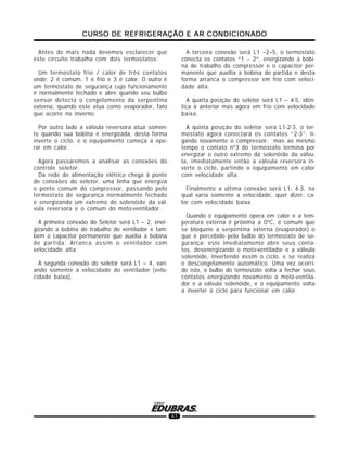 CURSO DE REFRIGERAÇÃO E AR CONDICIONADOCURSO DE REFRIGERAÇÃO E AR CONDICIONADOCURSO DE REFRIGERAÇÃO E AR CONDICIONADOCURSO DE REFRIGERAÇÃO E AR CONDICIONADOCURSO DE REFRIGERAÇÃO E AR CONDICIONADO
41
Antes de mais nada devemos esclarecer que
este circuito trabalha com dois termostatos:
Um termostato frio / calor de três contatos
onde: 2 é comum, 1 é frio e 3 é calor. O outro é
um termostato de segurança cujo funcionamento
é normalmente fechado e abre quando seu bulbo
sensor detecta o congelamento da serpentina
externa, quando este atua como evaporador, fato
que ocorre no inverno.
Por outro lado a válvula reversora atua somen-
te quando sua bobina é energizada, desta forma
inverte o ciclo, e o equipamento começa a ope-
rar em calor.
Agora passaremos a analisar as conexões do
controle seletor:
Da rede de alimentação elétrica chega à ponte
de conexões do seletor, uma linha que energiza
o ponto comum do compressor, passando pelo
termostato de segurança normalmente fechado
e energizando um extremo do solenóide da vál-
vula reversora e o comum do moto-ventilador.
A primeira conexão do Seletor será L1 – 2, ener-
gizando a bobina de trabalho do ventilador e tam-
bém o capacitor permanente que auxilia a bobina
de partida. Arranca assim o ventilador com
velocidade alta.
A segunda conexão do seletor será L1 – 4, vari-
ando somente a velocidade do ventilador (velo-
cidade baixa).
A terceira conexão será L1 –2–5, o termostato
conecta os contatos “1 – 2”, energizando a bobi-
na de trabalho do compressor e o capacitor per-
manente que auxilia a bobina de partida e desta
forma arranca o compressor em frio com veloci-
dade alta.
A quarta posição do seletor será L1 – 4-5, idên-
tica à anterior mas agora em frio com velocidade
baixa.
A quinta posição do seletor será L1-2-3, o ter-
mostato agora conectará os contatos “2-3”, li-
gando novamente o compressor; mas ao mesmo
tempo o contato nº3 do termostato termina por
energizar o outro extremo da solenóide da válvu-
la, imediatamente então a válvula reversora in-
verte o ciclo, partindo o equipamento em calor
com velocidade alta.
Finalmente a última conexão será L1- 4-3, na
qual varia somente a velocidade, quer dizer, ca-
lor com velocidade baixa.
Quando o equipamento opera em calor e a tem-
peratura externa é próxima a 0ºC, é comum que
se bloqueie a serpentina externa (evaporador) o
que é percebido pelo bulbo do termostato de se-
gurança; este imediatamente abre seus conta-
tos, desenergizando o moto-ventilador e a válvula
solenóide, invertendo assim o ciclo, e se realiza
o descongelamento automático. Uma vez ocorri-
do isto, o bulbo do termostato volta a fechar seus
contatos energizando novamente o moto-ventila-
dor e a válvula solenóide, e o equipamento volta
a inverter o ciclo para funcionar em calor.
 