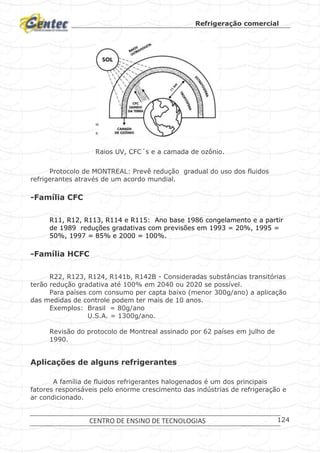 Refrigeração comercial
CENTRO DE ENSINO DE TECNOLOGIAS 124
Raios UV, CFC´s e a camada de ozônio.
Protocolo de MONTREAL: Prevê redução gradual do uso dos fluidos
refrigerantes através de um acordo mundial.
-Família CFC
R11, R12, R113, R114 e R115: Ano base 1986 congelamento e a partir
de 1989 reduções gradativas com previsões em 1993 = 20%, 1995 =
50%, 1997 = 85% e 2000 = 100%.
-Família HCFC
R22, R123, R124, R141b, R142B - Consideradas substâncias transitórias
terão redução gradativa até 100% em 2040 ou 2020 se possível.
Para países com consumo per capta baixo (menor 300g/ano) a aplicação
das medidas de controle podem ter mais de 10 anos.
Exemplos: Brasil = 80g/ano
U.S.A. = 1300g/ano.
Revisão do protocolo de Montreal assinado por 62 países em julho de
1990.
Aplicações de alguns refrigerantes
A família de fluidos refrigerantes halogenados é um dos principais
fatores responsáveis pelo enorme crescimento das indústrias de refrigeração e
ar condicionado.
 