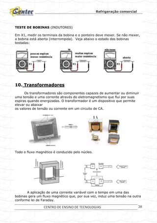 Refrigeração comercial
CENTRO DE ENSINO DE TECNOLOGIAS 38
TESTE DE BOBINAS (INDUTORES)
Em X1, medir os terminais da bobina e o ponteiro deve mexer. Se não mexer,
a bobina está aberta (interrompida). Veja abaixo o estado das bobinas
testadas:
10. Transformadores
Os transformadores são componentes capazes de aumentar ou diminuir
uma tensão e uma corrente através do eletromagnetismo que flui por suas
espiras quando energizadas. O transformador é um dispositivo que permite
elevar ou abaixar
os valores de tensão ou corrente em um circuito de CA.
Todo o fluxo magnético é conduzido pelo núcleo.
A aplicação de uma corrente variável com o tempo em uma das
bobinas gera um fluxo magnético que, por sua vez, induz uma tensão na outra
conforme lei de Faraday.
 