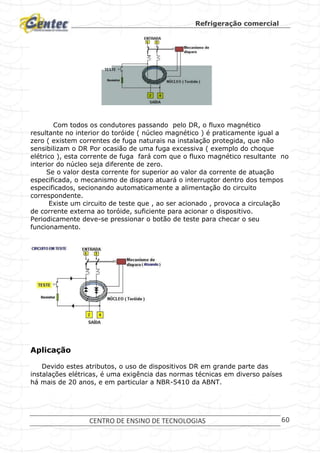 Refrigeração comercial
CENTRO DE ENSINO DE TECNOLOGIAS 60
Com todos os condutores passando pelo DR, o fluxo magnético
resultante no interior do toróide ( núcleo magnético ) é praticamente igual a
zero ( existem correntes de fuga naturais na instalação protegida, que não
sensibilizam o DR Por ocasião de uma fuga excessiva ( exemplo do choque
elétrico ), esta corrente de fuga fará com que o fluxo magnético resultante no
interior do núcleo seja diferente de zero.
Se o valor desta corrente for superior ao valor da corrente de atuação
especificada, o mecanismo de disparo atuará o interruptor dentro dos tempos
especificados, secionando automaticamente a alimentação do circuito
correspondente.
Existe um circuito de teste que , ao ser acionado , provoca a circulação
de corrente externa ao toróide, suficiente para acionar o dispositivo.
Periodicamente deve-se pressionar o botão de teste para checar o seu
funcionamento.
Aplicação
Devido estes atributos, o uso de dispositivos DR em grande parte das
instalações elétricas, é uma exigência das normas técnicas em diverso países
há mais de 20 anos, e em particular a NBR-5410 da ABNT.
 
