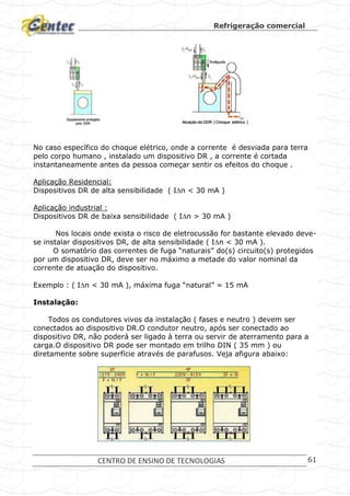 Refrigeração comercial
CENTRO DE ENSINO DE TECNOLOGIAS 61
No caso específico do choque elétrico, onde a corrente é desviada para terra
pelo corpo humano , instalado um dispositivo DR , a corrente é cortada
instantaneamente antes da pessoa começar sentir os efeitos do choque .
Aplicação Residencial:
Dispositivos DR de alta sensibilidade ( In < 30 mA )
Aplicação industrial :
Dispositivos DR de baixa sensibilidade ( In > 30 mA )
Nos locais onde exista o risco de eletrocussão for bastante elevado deve-
se instalar dispositivos DR, de alta sensibilidade ( In < 30 mA ).
O somatório das correntes de fuga “naturais” do(s) circuito(s) protegidos
por um dispositivo DR, deve ser no máximo a metade do valor nominal da
corrente de atuação do dispositivo.
Exemplo : ( In < 30 mA ), máxima fuga “natural” = 15 mA
Instalação:
Todos os condutores vivos da instalação ( fases e neutro ) devem ser
conectados ao dispositivo DR.O condutor neutro, após ser conectado ao
dispositivo DR, não poderá ser ligado à terra ou servir de aterramento para a
carga.O dispositivo DR pode ser montado em trilho DIN ( 35 mm ) ou
diretamente sobre superfície através de parafusos. Veja afigura abaixo:
 