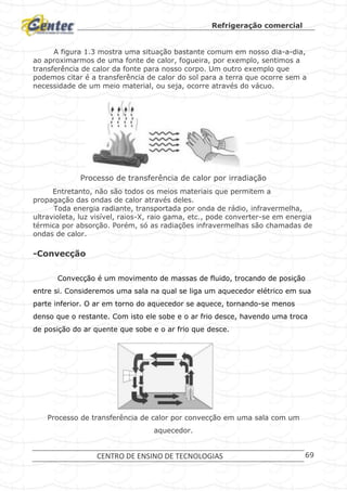 Refrigeração comercial
CENTRO DE ENSINO DE TECNOLOGIAS 69
A figura 1.3 mostra uma situação bastante comum em nosso dia-a-dia,
ao aproximarmos de uma fonte de calor, fogueira, por exemplo, sentimos a
transferência de calor da fonte para nosso corpo. Um outro exemplo que
podemos citar é a transferência de calor do sol para a terra que ocorre sem a
necessidade de um meio material, ou seja, ocorre através do vácuo.
Processo de transferência de calor por irradiação
Entretanto, não são todos os meios materiais que permitem a
propagação das ondas de calor através deles.
Toda energia radiante, transportada por onda de rádio, infravermelha,
ultravioleta, luz visível, raios-X, raio gama, etc., pode converter-se em energia
térmica por absorção. Porém, só as radiações infravermelhas são chamadas de
ondas de calor.
-Convecção
Convecção é um movimento de massas de fluido, trocando de posição
entre si. Consideremos uma sala na qual se liga um aquecedor elétrico em sua
parte inferior. O ar em torno do aquecedor se aquece, tornando-se menos
denso que o restante. Com isto ele sobe e o ar frio desce, havendo uma troca
de posição do ar quente que sobe e o ar frio que desce.
Processo de transferência de calor por convecção em uma sala com um
aquecedor.
 