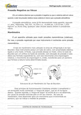 Refrigeração comercial
CENTRO DE ENSINO DE TECNOLOGIAS 82
Pressão Negativa ou Vácuo
Em um sistema dizemos que a pressão é negativa ou que o sistema está em vácuo
quando o valor da pressão relativa nesse sistema é menor que a pressão atmosférica.
A pressão atmosférica, como já foi demonstrado nesta apostila, equivale
a 1 atm, 760mmHg, 760 Torr, 10,33m.c.a., 14,696 psi, 1,0133 bar, 1,033
Kgf/cm2
ou 29,92 inHg. Qualquer valor situado abaixo destes é considerado
vácuo.
Manômetro
É um aparelho utilizado para medir pressões manométricas (relativas).
Por isso, a pressão registrada por esse instrumento é conhecida como pressão
manométrica.
O tipo de manômetro mais utilizado na área de refrigeração é do tipo
Bourdon. Esse instrumento possui um tubo de cobre, com propriedade elástica,
ligado a uma haste. O fluido, cuja pressão deseja-se medir, entra no tubo de
Bourdon por um orifício na haste de conexão; com elevação de pressão o tubo
altera seu formato expandindo-se, com isso movimenta uma engrenagem
rotativa; o movimento da engrenagem é, então, transferido para um ponteiro
que fornece a leitura numa determinada escala.
Estrutura de um Manômetro do Tipo de Bourdon.
Esse princípio de funcionamento é bastante simples e semelhante a
um brinquedo muito conhecido: a “língua de sogra”, que se vê na figura
abaixo. Quando soprada, a “língua de sogra” se enche de ar e se desenrola,
por causa da pressão exercida pelo ar em seu interior. No caso do
manômetro, esse desenrolar gera um movimento que é transmitido ao
ponteiro, que vai indicar a medida de pressão.
 