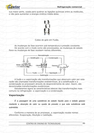 Refrigeração comercial
CENTRO DE ENSINO DE TECNOLOGIAS 86
sua maior parte, usada para quebrar as ligações químicas entre as moléculas,
e não para aumentar a energia cinética média delas.
Cubos de gelo em Fusão.
As mudanças de fase ocorrem sob temperatura e pressão constante.
De acordo com o modo como são processadas, as mudanças de estado
físico ou mudanças de fase recebem nomes diferentes.
Processos de Mudança de Estados.
A fusão e a vaporização são transformações que absorvem calor por esta
razão são chamadas transformações endotérmicas, já a solidificação e a
condensação se processam através do desprendimento de calor. Assim, são
denominadas transformações exotérmicas.
Estudaremos agora as características básicas das transformações mais
comuns na refrigeração: a vaporização e a condensação.
Vaporização
É a passagem de uma substância do estado líquido para o estado gasoso
mediante a absorção de calor ou queda da pressão a que esta substância está
submetida.
Conforme a maneira de se processar, a vaporização recebe nomes
diferentes: Evaporação, Ebulição e Calefação.
 