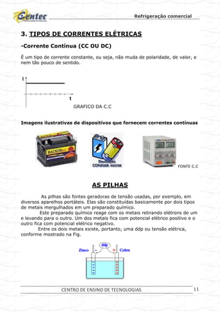 Refrigeração comercial
CENTRO DE ENSINO DE TECNOLOGIAS 11
3. TIPOS DE CORRENTES ELÉTRICAS
-Corrente Contínua (CC OU DC)
É um tipo de corrente constante, ou seja, não muda de polaridade, de valor, e
nem tão pouco de sentido.
GRAFICO DA C.C
Imagens ilustrativas de dispositivos que fornecem correntes contínuas
FONTE C.C
AS PILHAS
As pilhas são fontes geradoras de tensão usadas, por exemplo, em
diversos aparelhos portáteis. Elas são constituídas basicamente por dois tipos
de metais mergulhados em um preparado químico.
Este preparado químico reage com os metais retirando elétrons de um
e levando para o outro. Um dos metais fica com potencial elétrico positivo e o
outro fica com potencial elétrico negativo.
Entre os dois metais existe, portanto, uma ddp ou tensão elétrica,
conforme mostrado na Fig.
 