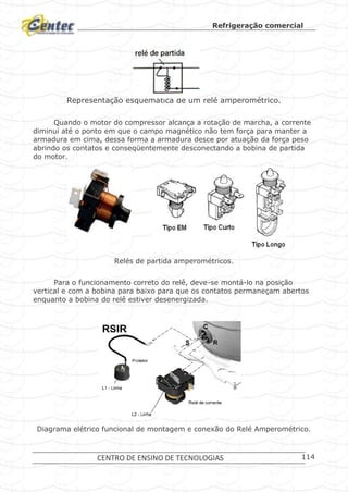 Refrigeração comercial
CENTRO DE ENSINO DE TECNOLOGIAS 114
Representação esquemática de um relé amperométrico.
Quando o motor do compressor alcança a rotação de marcha, a corrente
diminui até o ponto em que o campo magnético não tem força para manter a
armadura em cima, dessa forma a armadura desce por atuação da força peso
abrindo os contatos e conseqüentemente desconectando a bobina de partida
do motor.
Relés de partida amperométricos.
Para o funcionamento correto do relê, deve-se montá-lo na posição
vertical e com a bobina para baixo para que os contatos permaneçam abertos
enquanto a bobina do relê estiver desenergizada.
Diagrama elétrico funcional de montagem e conexão do Relé Amperométrico.
 