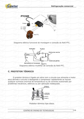 Refrigeração comercial
CENTRO DE ENSINO DE TECNOLOGIAS 116
Diagrama elétrico funcional de montagem e conexão do Relé PTC.
Diagrama elétrico multifilar de conexão do Relé PTC.
C. PROTETOR TÉRMICO
O protetor térmico é ligado em série com o circuito que alimenta o motor
atua abrindo o circuito e desligando o compressor rapidamente se houver
qualquer aumento anormal de temperatura ou de corrente ocasionado por
problemas mecânicos, elétricos ou por aplicação inadequada.
Protetor térmico tipo disco.
 