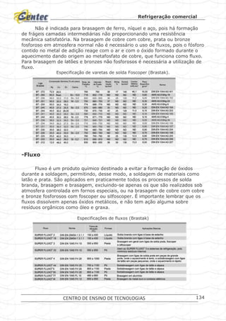 Refrigeração comercial
CENTRO DE ENSINO DE TECNOLOGIAS 134
Não é indicada para brasagem de ferro, níquel e aço, pois há formação
de frágeis camadas intermediárias não proporcionando uma resistência
mecânica satisfatória. Na brasagem de cobre com cobre, prata ou bronze
fosforoso em atmosfera normal não é necessário o uso de fluxos, pois o fósforo
contido no metal de adição reage com o ar e com o óxido formado durante o
aquecimento dando origem ao metafosfato de cobre, que funciona como fluxo.
Para brasagem de latões e bronzes não fosforosos é necessária a utilização de
fluxo.
Especificação de varetas de solda Foscoper (Brastak).
-Fluxo
Fluxo é um produto químico destinado a evitar a formação de óxidos
durante a soldagem, permitindo, desse modo, a soldagem de materiais como
latão e prata. São aplicados em praticamente todos os processos de solda
branda, brasagem e brasagem, excluindo-se apenas os que são realizados sob
atmosfera controlada em fornos especiais, ou na brasagem de cobre com cobre
e bronze fosforosos com foscoper ou silfoscoper. É importante lembrar que os
fluxos dissolvem apenas óxidos metálicos, e não tem ação alguma sobre
resíduos orgânicos como óleo e graxa.
Especificações de fluxos (Brastak)
 