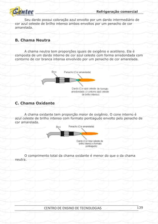 Refrigeração comercial
CENTRO DE ENSINO DE TECNOLOGIAS 139
Seu dardo possui coloração azul envolto por um dardo intermediário de
cor azul celeste de brilho intenso ambos envoltos por um penacho de cor
amarelada.
B. Chama Neutra
A chama neutra tem proporções iguais de oxigênio e acetileno. Ela é
composta de um dardo interno de cor azul celeste com forma arredondada com
contorno de cor branca intensa envolvido por um penacho de cor amarelada.
Chama neutra.
C. Chama Oxidante
A chama oxidante tem proporção maior de oxigênio. O cone interno é
azul celeste de brilho intenso com formato pontiagudo envolto pelo penacho de
cor amarelada.
Chama oxidante.
O comprimento total da chama oxidante é menor do que o da chama
neutra.
 