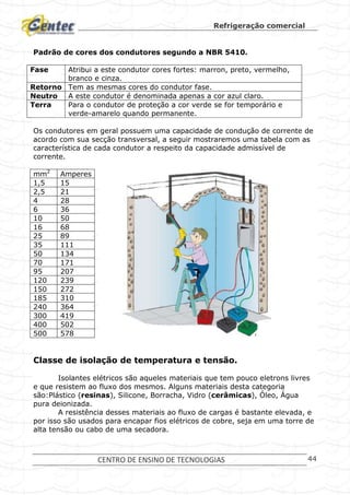 Refrigeração comercial
CENTRO DE ENSINO DE TECNOLOGIAS 44
Padrão de cores dos condutores segundo a NBR 5410.
Fase Atribui a este condutor cores fortes: marron, preto, vermelho,
branco e cinza.
Retorno Tem as mesmas cores do condutor fase.
Neutro A este condutor é denominada apenas a cor azul claro.
Terra Para o condutor de proteção a cor verde se for temporário e
verde-amarelo quando permanente.
Os condutores em geral possuem uma capacidade de condução de corrente de
acordo com sua secção transversal, a seguir mostraremos uma tabela com as
característica de cada condutor a respeito da capacidade admissível de
corrente.
Classe de isolação de temperatura e tensão.
Isolantes elétricos são aqueles materiais que tem pouco eletrons livres
e que resistem ao fluxo dos mesmos. Alguns materiais desta categoria
são:Plástico (resinas), Silicone, Borracha, Vidro (cerâmicas), Óleo, Água
pura deionizada.
A resistência desses materiais ao fluxo de cargas é bastante elevada, e
por isso são usados para encapar fios elétricos de cobre, seja em uma torre de
alta tensão ou cabo de uma secadora.
mm2
Amperes
1,5 15
2,5 21
4 28
6 36
10 50
16 68
25 89
35 111
50 134
70 171
95 207
120 239
150 272
185 310
240 364
300 419
400 502
500 578
 