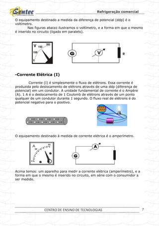 Refrigeração comercial
CENTRO DE ENSINO DE TECNOLOGIAS 7
O equipamento destinado a medida da diferença de potencial (ddp) é o
voltímetro.
Nas figuras abaixo ilustramos o voltímetro, e a forma em que o mesmo
é inserido no circuito (ligado em paralelo).
-Corrente Elétrica (I)
Corrente (I) é simplesmente o fluxo de elétrons. Essa corrente é
produzida pelo deslocamento de elétrons através de uma ddp (diferença de
potencial) em um condutor. A unidade fundamental de corrente é o Ampère
(A). 1 A é o deslocamento de 1 Coulomb de elétrons através de um ponto
qualquer de um condutor durante 1 segundo. O fluxo real de elétrons é do
potencial negativo para o positivo.
O equipamento destinado à medida de corrente elétrica é o amperímetro.
Acima temos: um aparelho para medir a corrente elétrica (amperímetro), e a
forma em que o mesmo é inserido no circuito, em série com o consumidor a
ser medido.
 