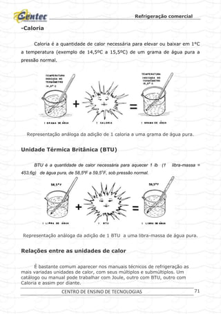 Refrigeração comercial
CENTRO DE ENSINO DE TECNOLOGIAS 71
-Caloria
Caloria é a quantidade de calor necessária para elevar ou baixar em 1°C
a temperatura (exemplo de 14,5ºC a 15,5ºC) de um grama de água pura a
pressão normal.
Representação análoga da adição de 1 caloria a uma grama de água pura.
Unidade Térmica Britânica (BTU)
BTU é a quantidade de calor necessária para aquecer 1 lb (1 libra-massa =
453,6g) de água pura, de 58,5ºF a 59,5o
F, sob pressão normal.
Representação análoga da adição de 1 BTU a uma libra-massa de água pura.
Relações entre as unidades de calor
É bastante comum aparecer nos manuais técnicos de refrigeração as
mais variadas unidades de calor, com seus múltiplos e submúltiplos. Um
catálogo ou manual pode trabalhar com Joule, outro com BTU, outro com
Caloria e assim por diante.
 