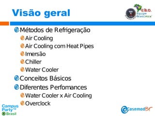 Visão geral
Métodos de Refrigeração
Air Cooling
Air Cooling com Heat Pipes
Imersão
Chiller
Water Cooler

Conceitos Básicos
Diferentes Perfomances
Water Cooler x Air Cooling
Overclock

 