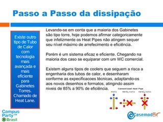 Passo a Passo da dissipação
Existe outro
tipo de Tubo
de Calor
com
tecnologia
mais
avançada e
mais
eficiente
para
Gabinetes
Torres.
Chamado de
Heat Lane.

Levando-se em conta que a maioria dos Gabinetes
são tipo torre, hoje podemos afirmar categoricamente
que infelizmente os Heat Pipes não atingem sequer
seu nível máximo de arrefecimento e eficiência.
Porém é um sistema eficaz e eficiente. Chegando na
maioria dos caso se equiparar com um WC comercial.
Existem alguns tipos de coolers que seguem a risca a
engenharia dos tubos de calor, e desenharam
conforme as expecificacoes técnicas, adaptando-os
aos novos desenhos e formatos, atingindo assim
niveis de 85% a 90% de eficiência.

 