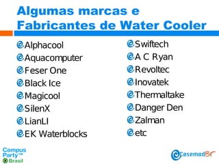 Algumas marcas e
Fabricantes de Water Cooler
Alphacool
Aquacomputer
Feser One
Black Ice
Magicool
SilenX
LianLI
EK Waterblocks

Swiftech
A C Ryan
Revoltec
Inovatek
Thermaltake
Danger Den
Zalman
etc

 