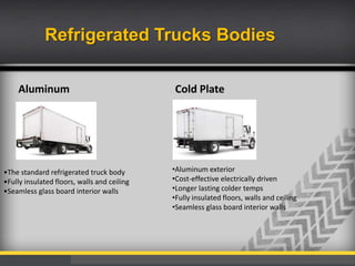 Refrigerated Trucks Bodies
Aluminum

•The standard refrigerated truck body
•Fully insulated floors, walls and ceiling
•Seamless glass board interior walls

Cold Plate

•Aluminum exterior
•Cost-effective electrically driven
•Longer lasting colder temps
•Fully insulated floors, walls and ceiling
•Seamless glass board interior walls

 
