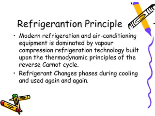 Refrigerantion Principle
• Modern refrigeration and air-conditioning
  equipment is dominated by vapour
  compression refrigeration technology built
  upon the thermodynamic principles of the
  reverse Carnot cycle.
• Refrigerant Changes phases during cooling
  and used again and again.
 