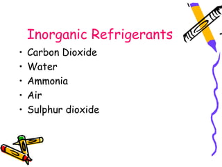 Inorganic Refrigerants
•   Carbon Dioxide
•   Water
•   Ammonia
•   Air
•   Sulphur dioxide
 
