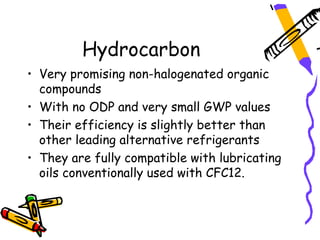 Hydrocarbon
• Very promising non-halogenated organic
  compounds
• With no ODP and very small GWP values
• Their efficiency is slightly better than
  other leading alternative refrigerants
• They are fully compatible with lubricating
  oils conventionally used with CFC12.
 