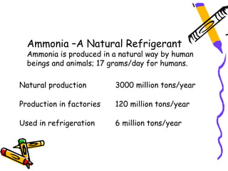 Ammonia –A Natural Refrigerant
  Ammonia is produced in a natural way by human
  beings and animals; 17 grams/day for humans.

Natural production        3000 million tons/year

Production in factories   120 million tons/year

Used in refrigeration     6 million tons/year
 