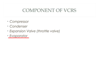 COMPONENT OF VCRS 
• Compressor 
• Condenser 
• Expansion Valve (throttle valve) 
• Evaporator 
 