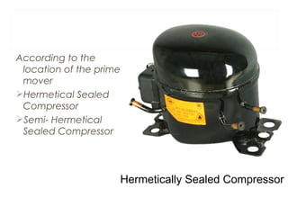 According to the 
location of the prime 
mover 
Hermetical Sealed 
Compressor 
Semi- Hermetical 
Sealed Compressor 
Hermetically Sealed Compressor 
 