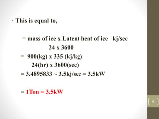 • This is equal to,
= mass of ice x Latent heat of ice kj/sec
24 x 3600
= 900(kg) x 335 (kj/kg)
24(hr) x 3600(sec)
= 3.4895833 ~ 3.5kj/sec = 3.5kW
= 1Ton = 3.5kW
6
 