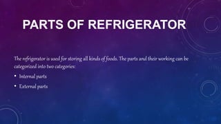 PARTS OF REFRIGERATOR
The refrigerator is used for storing all kinds of foods. The parts and their working can be
categorized into two categories:
• Internal parts
• External parts
 